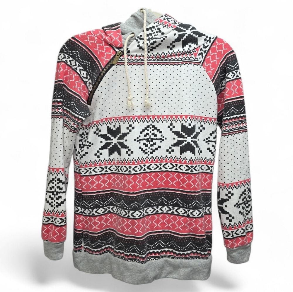 AMPERSAND AVE Fair Isle Double Hoodie Sweatshirt Gray Coral Black Nordic Print S